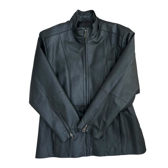 Vintage KC Collections Black Leather Jacket Women XL Belted Zip Front Moto - Picture 2 of 13